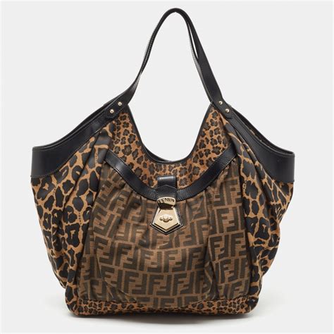 Fendi Tobacco Zucca and Leopard Print Canvas Borsa Chef Tote